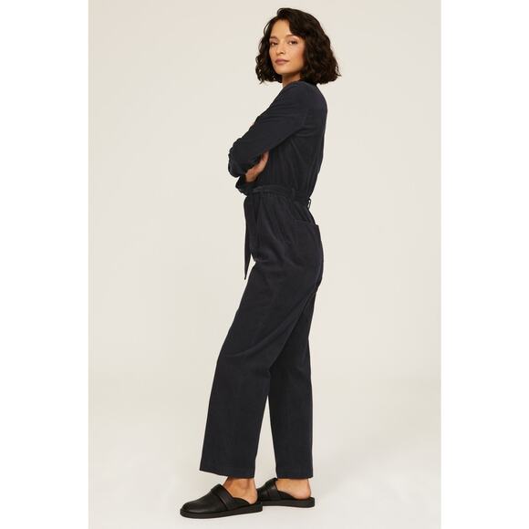 A.P.C. Justine Navy Corduroy Straight Leg Belted Long Sleeve Jumpsuit Size 2 - Picture 2 of 16